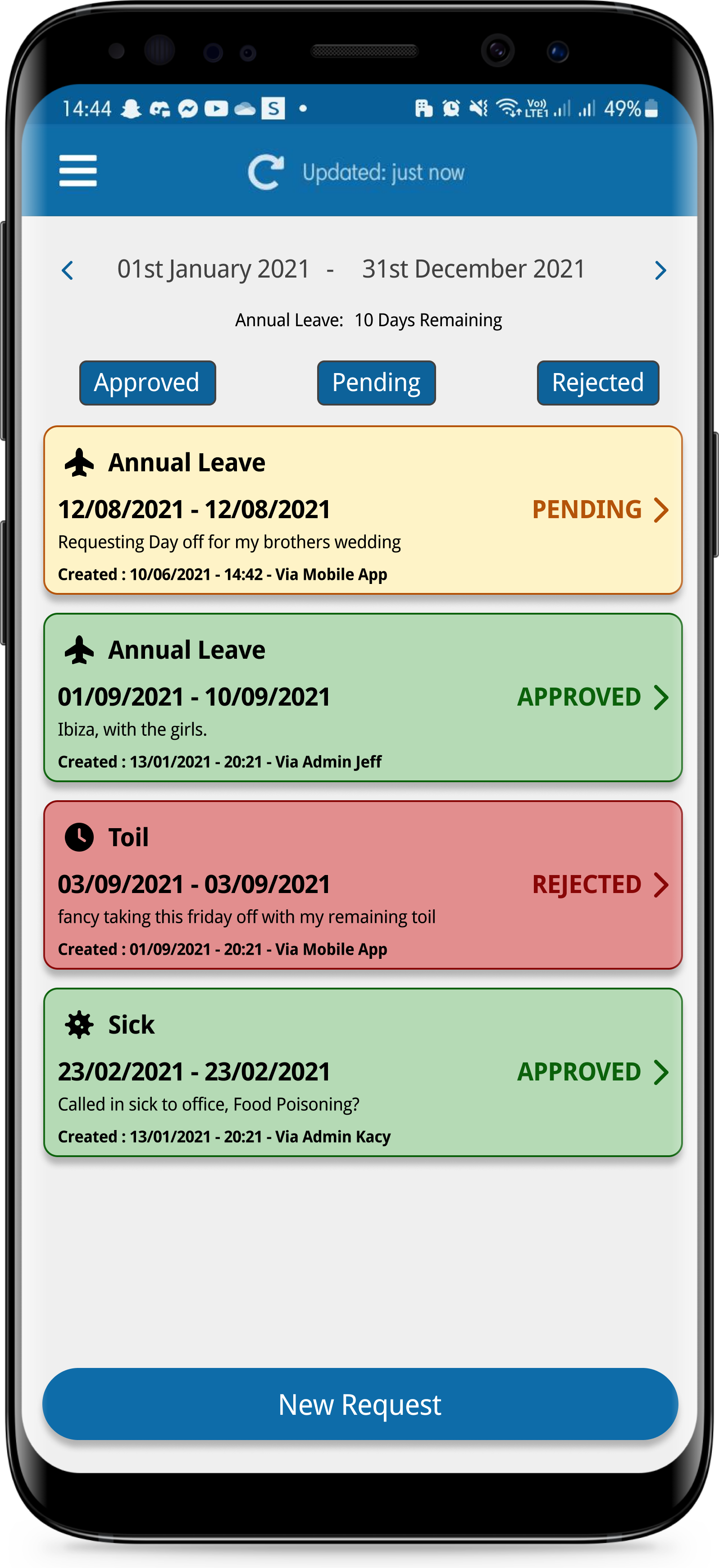 A mobile shows time off requests including sick leave, time off in lieu (TOIL), and annual leave