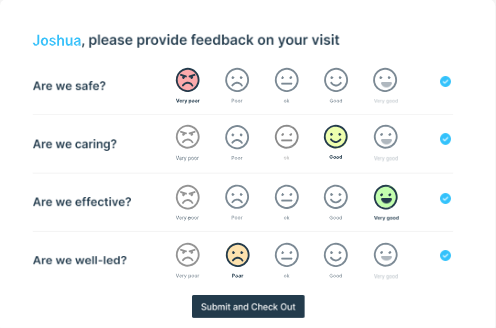 A screen provides options for people to give feedback on questions such as 'is this care home well led?' on a scale of very poor to very good