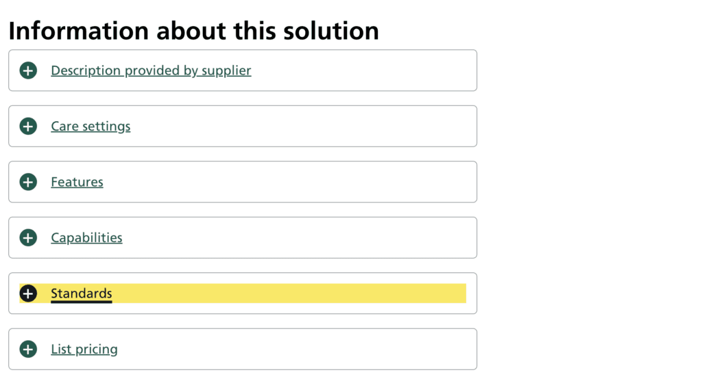 NHS Assurance page Standards drop down image