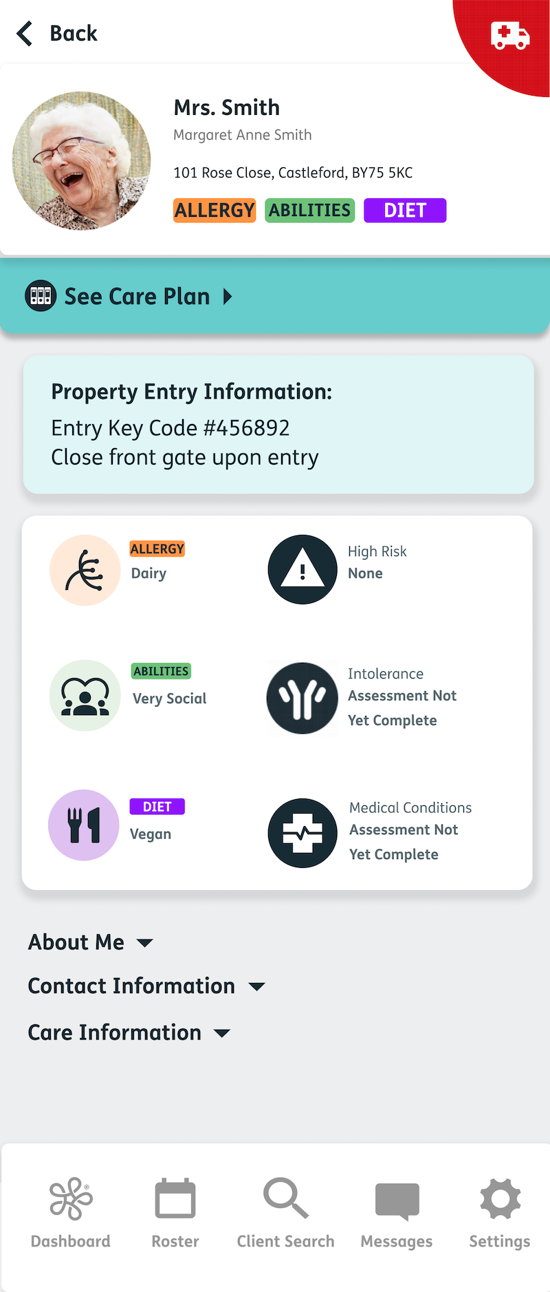 Critical info dashboard on the Nourish mobile app