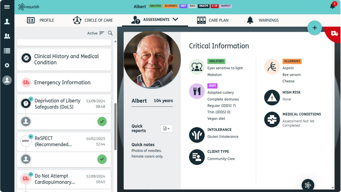 The Nourish Better Care at Home desktop assessment screen
