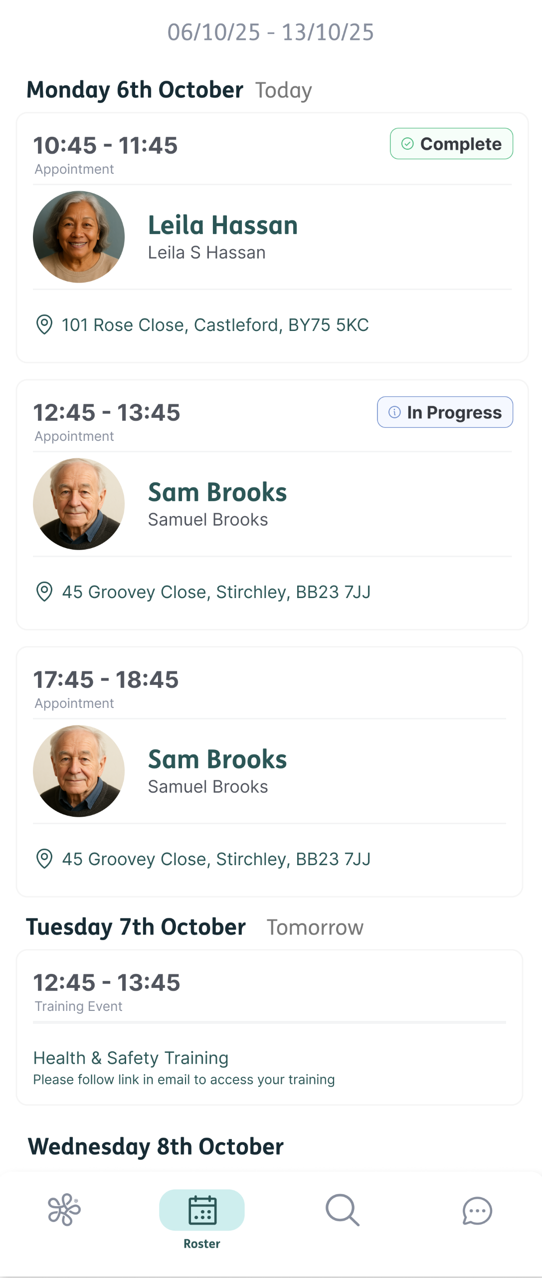 The schedule view on the Nourish Better Care at Home app