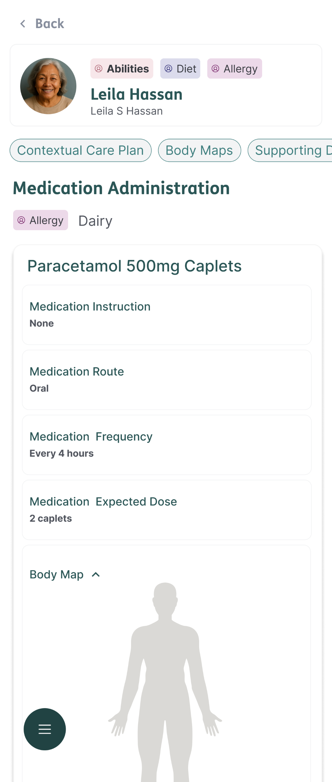 The medication management screen on the better care at home app