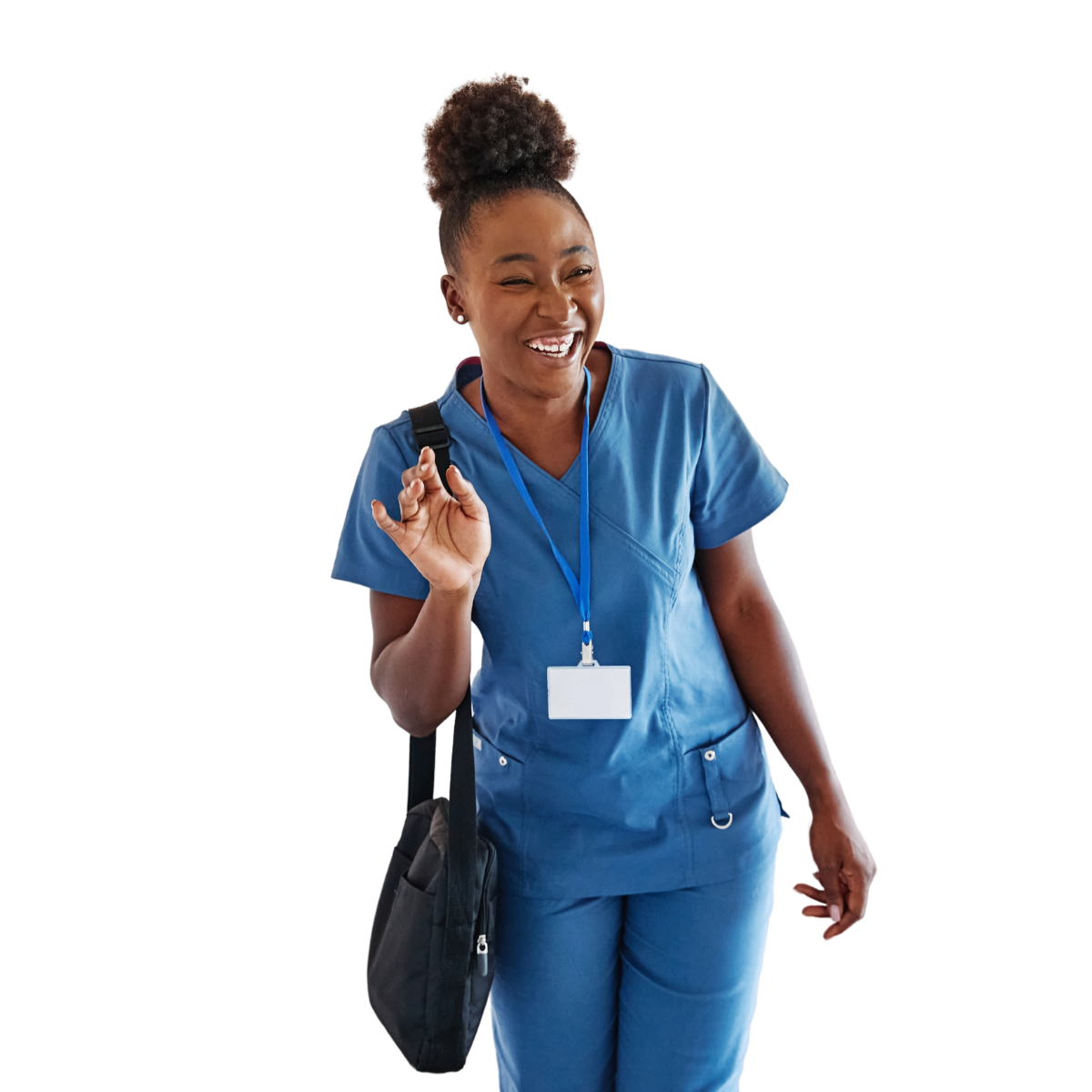 A care worker waves and smiles