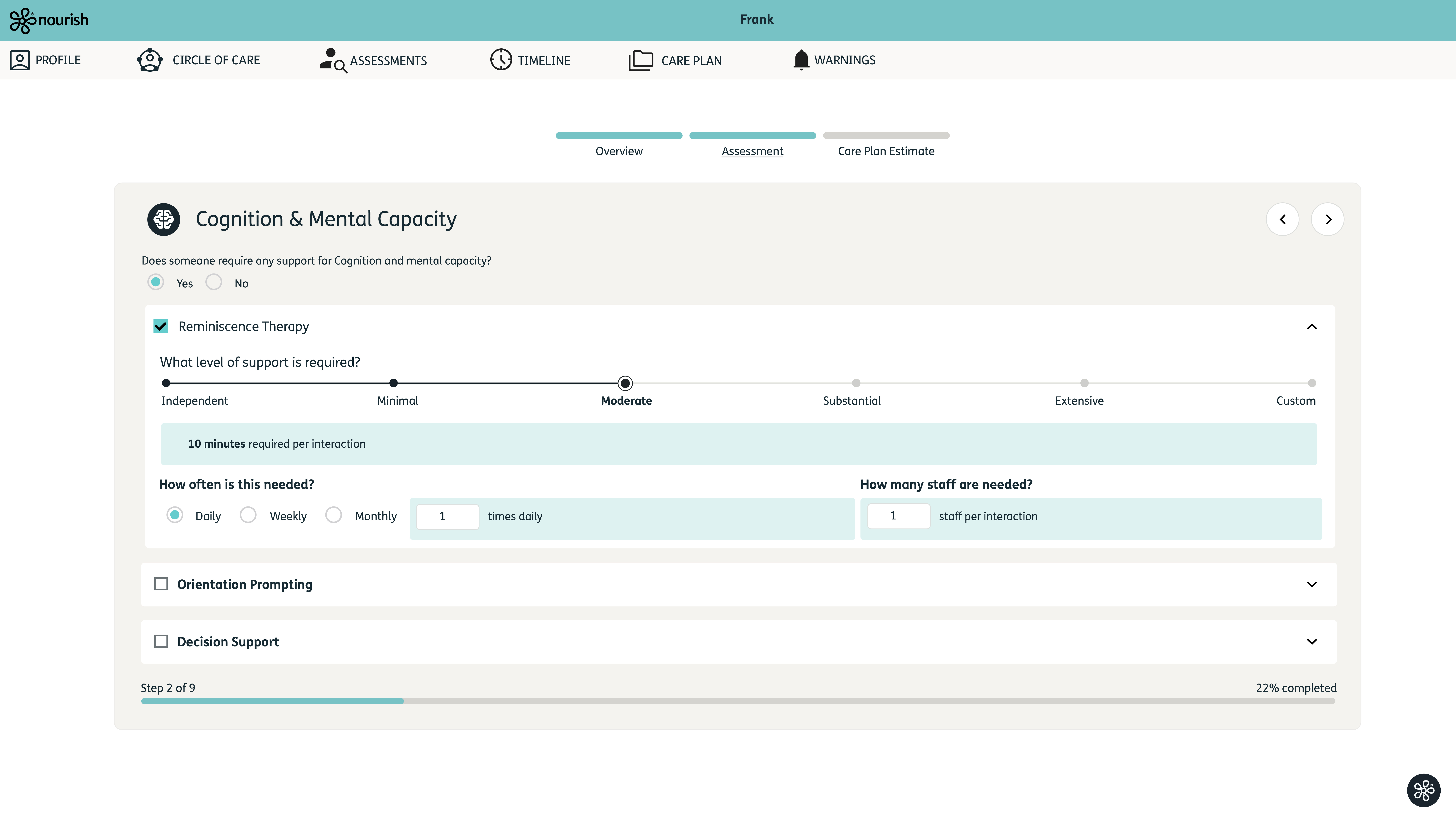 Assessment view on Nourish Transparency